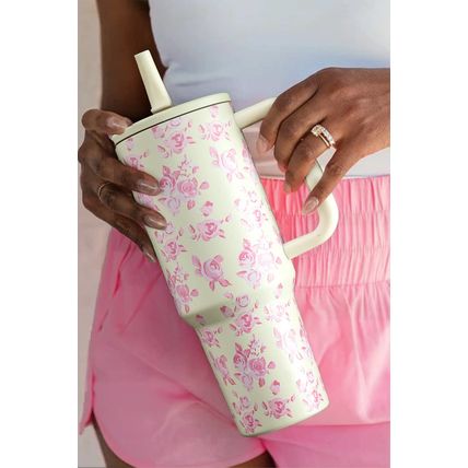 White Flower Print Handle Insulated Large Tumbler 40oz
