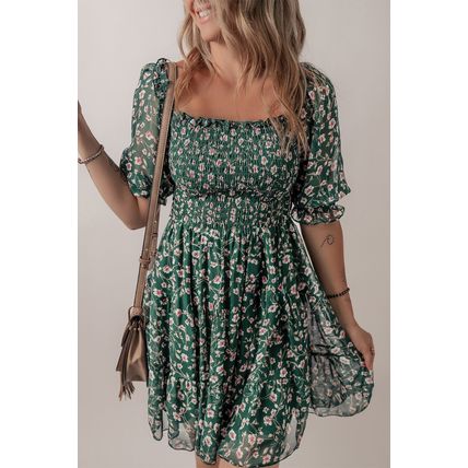Green Smocked Square Neck Puff Short Sleeve Floral Dress