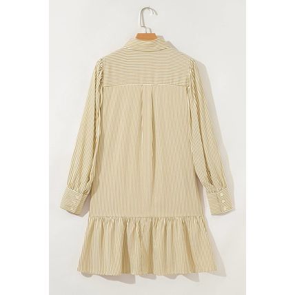 Brown Stripe Collared Neck Cuffed Long Sleeve Drop Waist Mini Dress