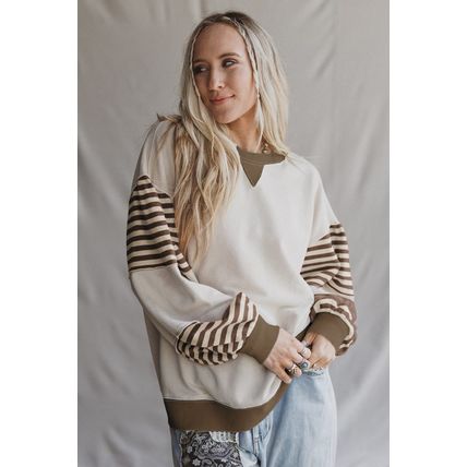 Parchment Striped Colorblock Patchwork Drop Shoulder Sweatshirt