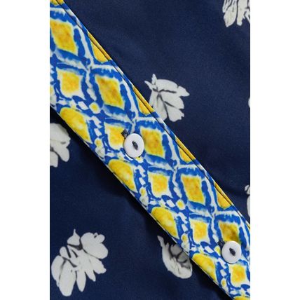 Blue Floral Print Half Sleeve Contrast Trim V Neck Blouse
