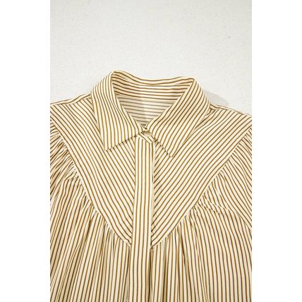 Brown Stripe Collared Neck Cuffed Long Sleeve Drop Waist Mini Dress