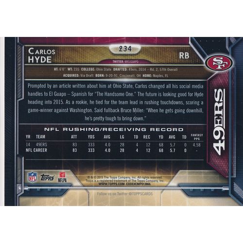 2015 Topps Football 234 Carlos Hyde San Francisco 49ers
