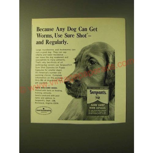 1966 Sergeant's Sure Shot Worm Capsules Ad - Because any dog can get worms