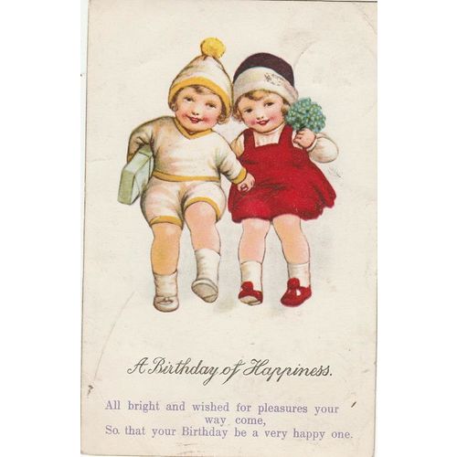 Artist Drawn Two Young Girls A Birthday Of Happiness Christmas Greetings Postcar