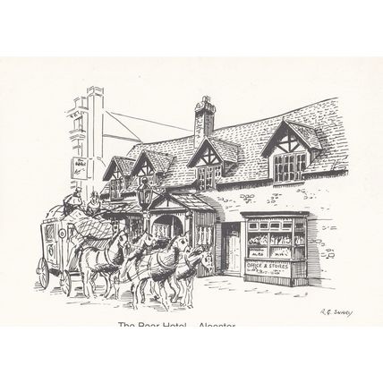The Bear Hotel Alcester Post Office Board Pub Drawing Warwickshire Postcard