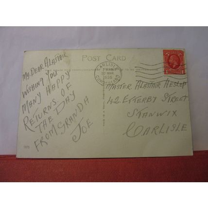 7th BIRTHDAY, used vintage postcard RP 1936 pm pond yacht, dog /