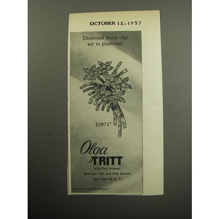 1957 Olga Tritt Jewelry Advertisement - Diamond floral clip set in platinum