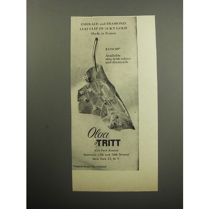 1957 Olga Tritt Jewelry Advertisement - Emerald and Diamond leaf clip
