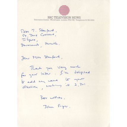BBC News John Fryer Vintage Hand Signed Letter Headed Paper