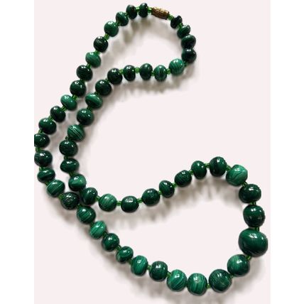 Vintage Natural Malachite Gemstone Carved Polished Bead 21" Necklace