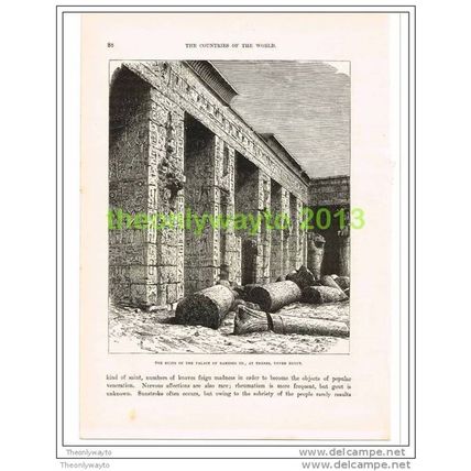 RUINS OF PALACE OF RAMESES III, THEBES, EGYPT, Book Illustration c1890