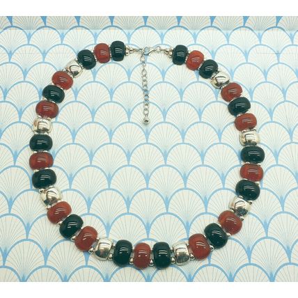Vintage Chunky 925 Sterling Silver Onyx & Carnelian Statement Necklace with Box