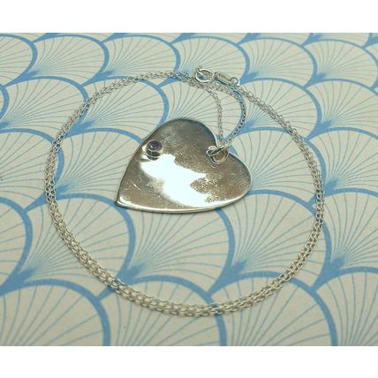 Vintage 925 Solid Sterling Silver and Amethyst Large Heart Pendant Necklace