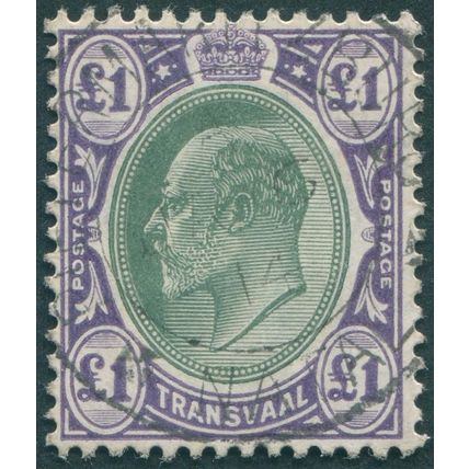 Transvaal 1908 £1 green & violet SG272a used in Natal SGZ179