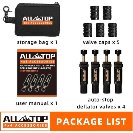 ALL-TOP Adjustable Auto-Stop Tire Deflator Valve Kit (10-30 PSI) 4 PCS Screw-On