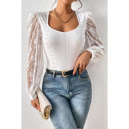 White Frenchy Contrast Lace Bishop Sleeve Bodysuit