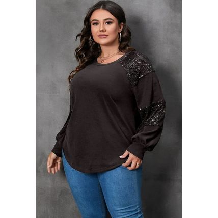 Black Plus Size Sequin Patchwork Crew Neck Long Sleeve Top