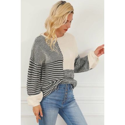 Black Neutral Colorblock Tie Back Sweater
