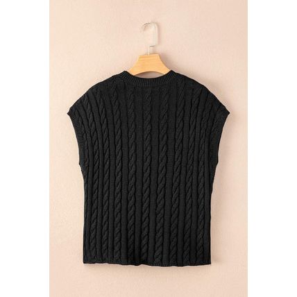 Black Crew Neck Cable Knit Short Sleeve Sweater