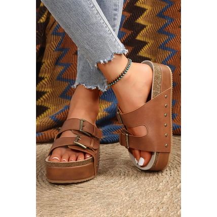 Chestnut Dual Buckle Studded Platform Sandal Slippers