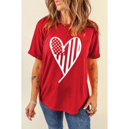 Red USA Flag Heart Shape Crewneck Graphic T Shirt