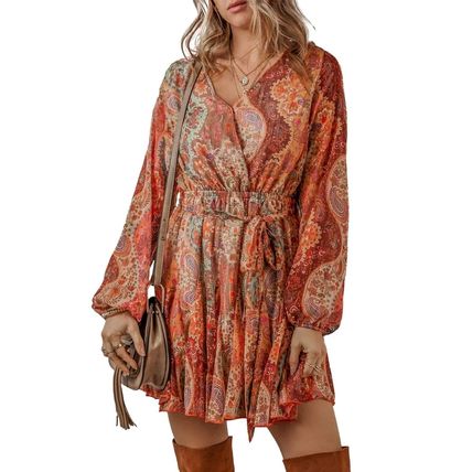 Orange Boho Paisley Print Long Sleeve Pleated Belted Mini Dress