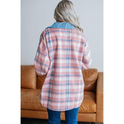 Pink Plaid Print Color Block Collared Flap Pockets Loose Shacket