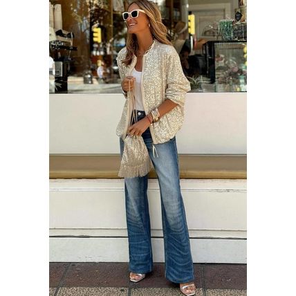 Apricot Sequin Zip up Round Neck Long Sleeve Jacket