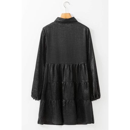 Black Metallic Sheen Puff Sleeve Button Up Mini Shirt Dress