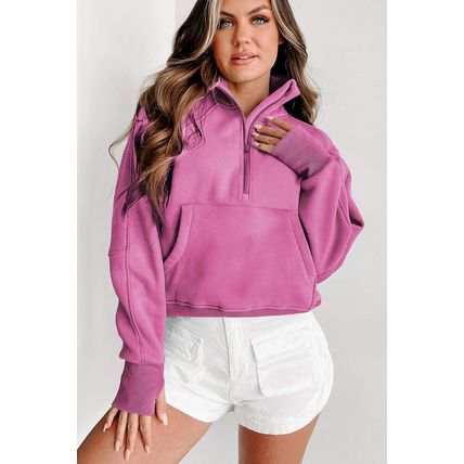Bonbon Fleece Lined Zip Up Stand Collar Thumbhole Sleeve Sweatshirt
