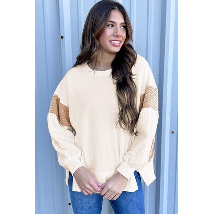 Apricot Corduroy Patchwork Drop Shoulder Long Sleeve Sweatshirt