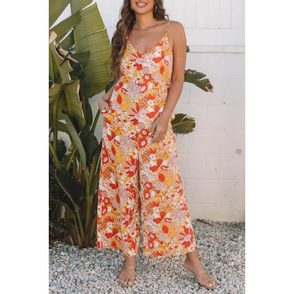 Orange Floral V Neck Wide Leg Sleeveless Jumpsuit