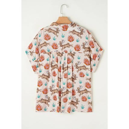 Khaki Plus Size Western Pattern Print Buttoned Short Sleeve Shirt