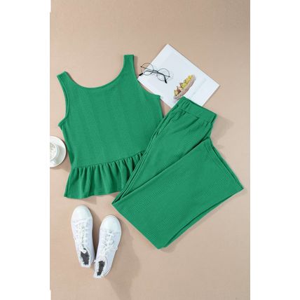 Green Solid Color Ribbed Ruffle Tank Top and Pants Set