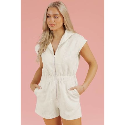 Jet Stream Textured Zipped Front V Neck Collared Casual Romper