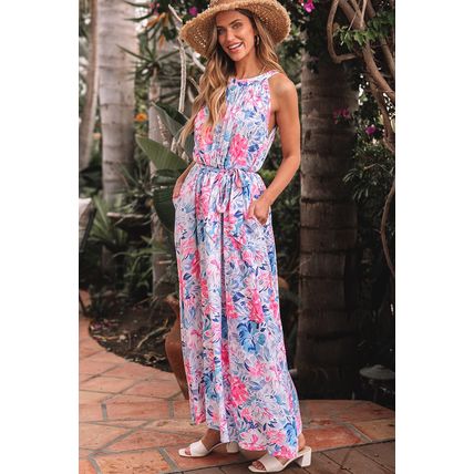 Sky Blue Floral Printed Sleeveless O Neck Knot Waist Maxi Dress