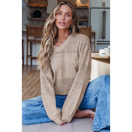 Brown Eyelet Pattern Detail V Neck Drop Shoulder Sweater