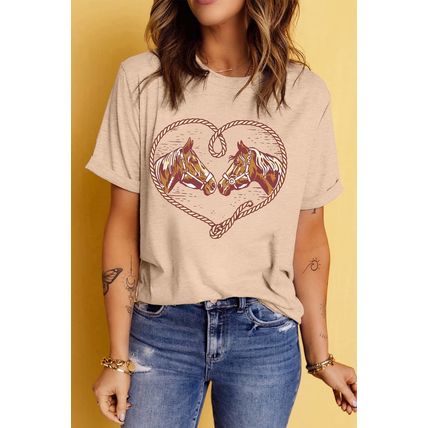 Khaki Rodeo Horse Graphic Western Cowgirl Fashion T Shirt