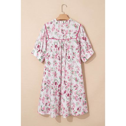 Pink Floral Split Neck Short Sleeve Loose Plus Size Mini Dress