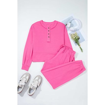 Bright Pink Raw Edge Half Buttons Pullover and Jogger Pants Set