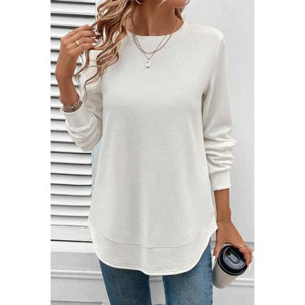 White Rounded Hem Waffle Long Sleeve Top