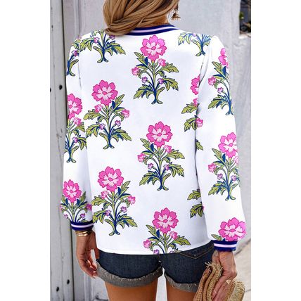 White Floral Print Striped V Neck Blouse