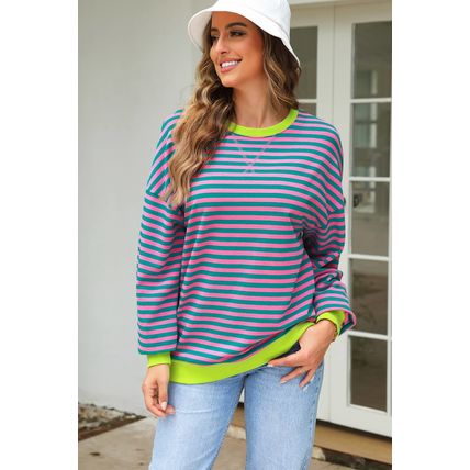 Rose Stripe Contrast Ribbed Trim Crossed Stitch Drop Shoulder Sweatshirt