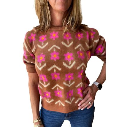 Brown Floral Short Puff Sleeve Sweater