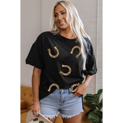 Black Western Shiny Horseshoes Pattern High Low Hem Casual T Shirt