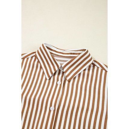 Brown Stripe Ruffled Hem Collared Long Sleeve Shirt Mini Dress