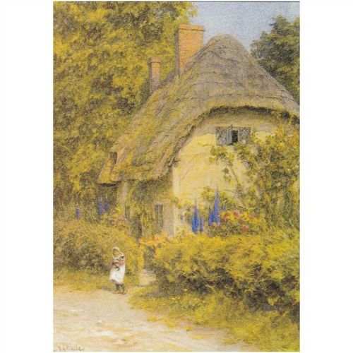 Colour Postcard - Girl by Thatched Cottage - A Watercolour by Helen Allingham