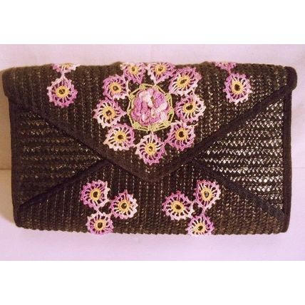 Large Vintage Black Straw Envelope Purse Clutch Hand Crocheted Accents Hong Kong