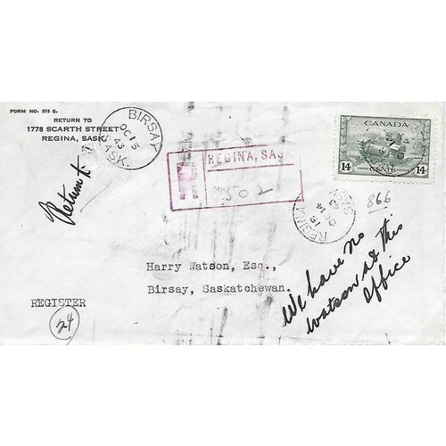 Canada REGISTERED War Combo 1943 Regina SASK to Birdsay TANK with RPO